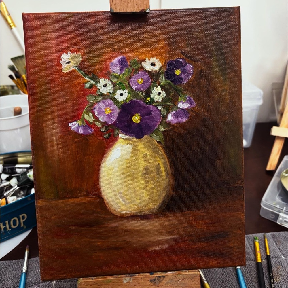 Floral Vase Painting with Purple and White Flowers